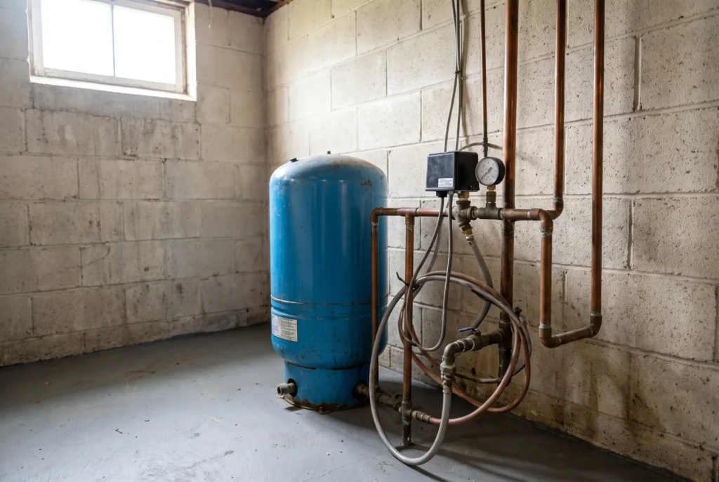 Blue well pressure tank with pressure switch, gauge and copper pipe in a basement utility room