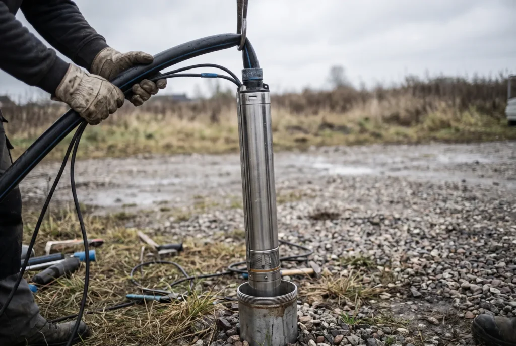 Stainless submersible well pump being lifted out of a steel well casing with pipe and wire attached