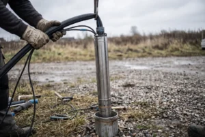 Stainless submersible well pump being lifted out of a steel well casing with pipe and wire attached