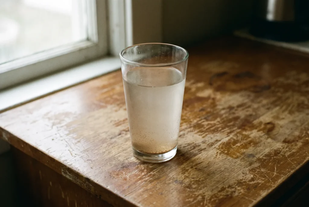Cloudy glass of tap water with fine sediment settling at the bottom on a kitchen counter