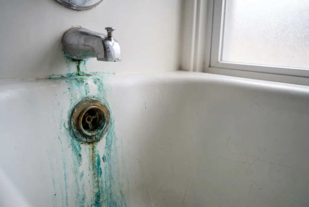 Blue-green copper staining on a white bathtub around the drain