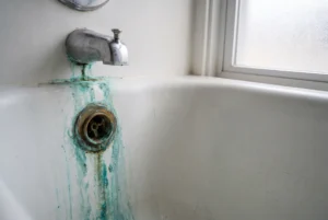 Blue-green copper staining on a white bathtub around the drain