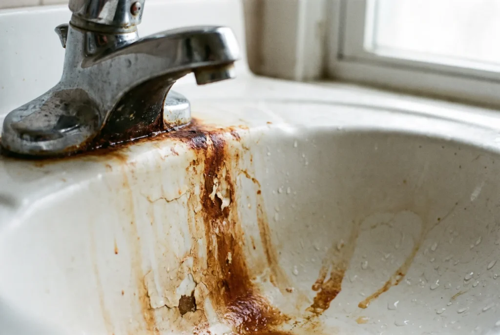 Orange iron stains streaking down a white porcelain sink below the faucet