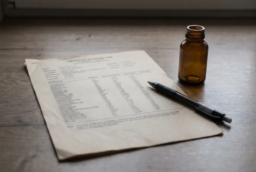 Printed laboratory water analysis report on a counter next to a pen and a sample bottle