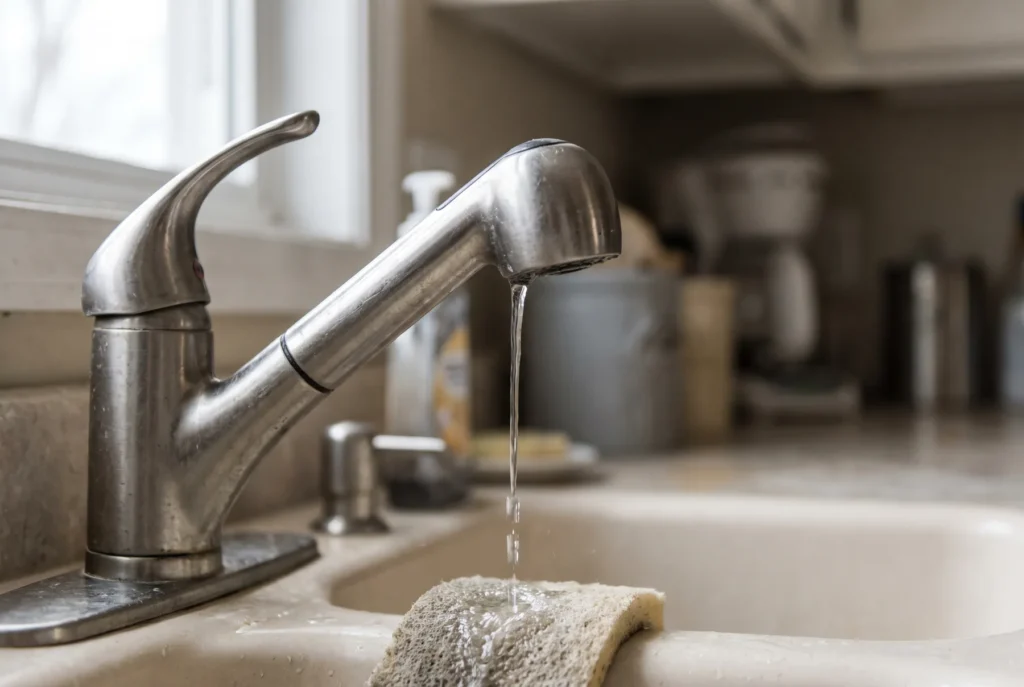 Thin weak stream of water trickling from a kitchen faucet showing low pressure