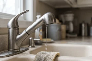 Thin weak stream of water trickling from a kitchen faucet showing low pressure