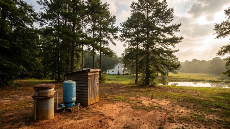 Private well with pressure tank and pump house in rural Alabama