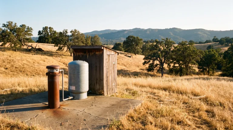 Private well casing and pressure tank by a pump shed in the golden California foothills