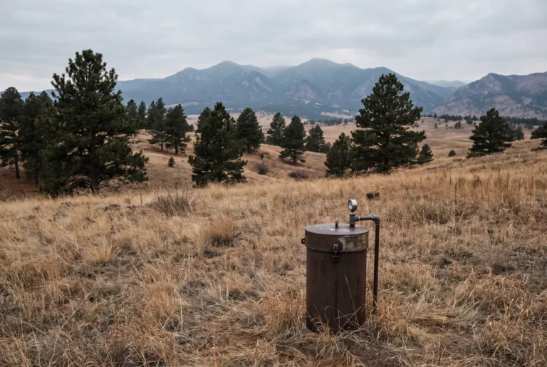Steel well cap in dry golden grass with the Colorado Front Range behind