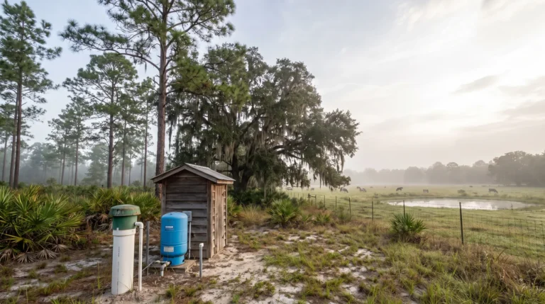 Private well casing and pressure tank beside a pump house under pines and live oaks in north Florida