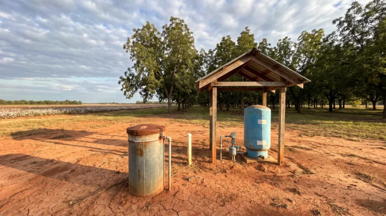 Private well and pressure tank under a shelter beside a pecan orchard in south Georgia