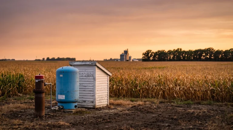 Private well with pressure tank and pump house on the central Illinois prairie
