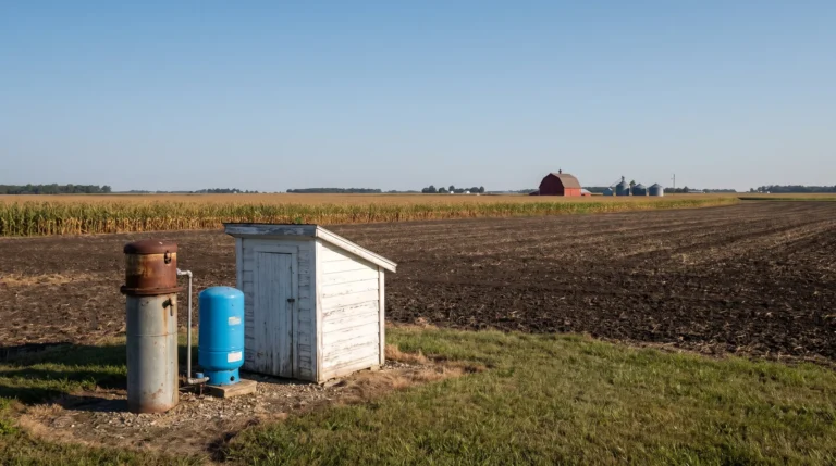 Private well with pressure tank and pump house beside a corn field in central Indiana