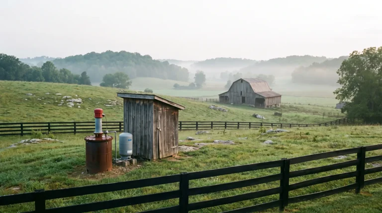 Private well with pressure tank and pump house on a Kentucky farm