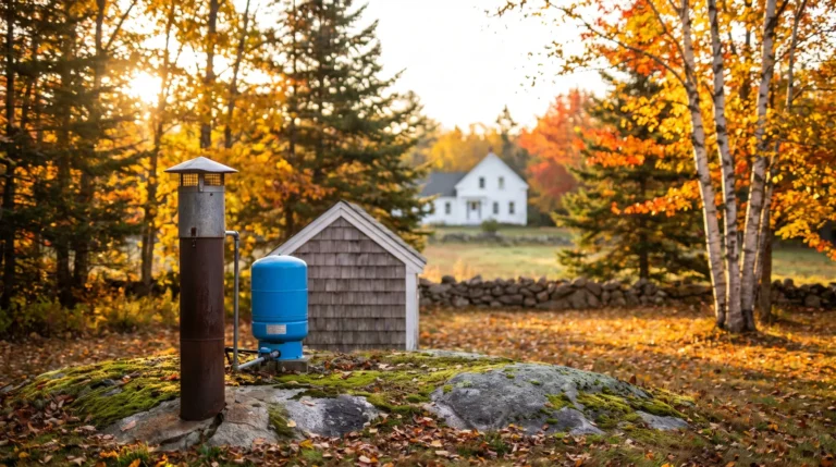 Private well with pressure tank and pump house in a Maine clearing in autumn