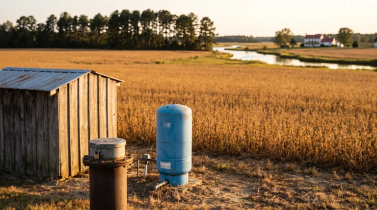 Private well with pressure tank and pump house on the Maryland Eastern Shore
