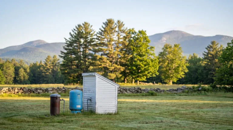 Private well with pressure tank and pump house in a New Hampshire field below the White Mountains