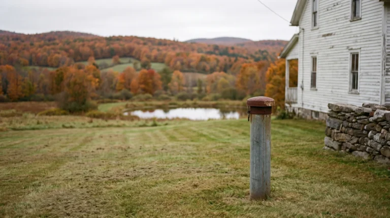 Capped well casing beside a white clapboard farmhouse and stone wall, with wooded upstate New York hills in fall color behind