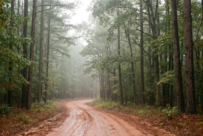 Red clay dirt road curving between pines in the North Carolina piedmont
