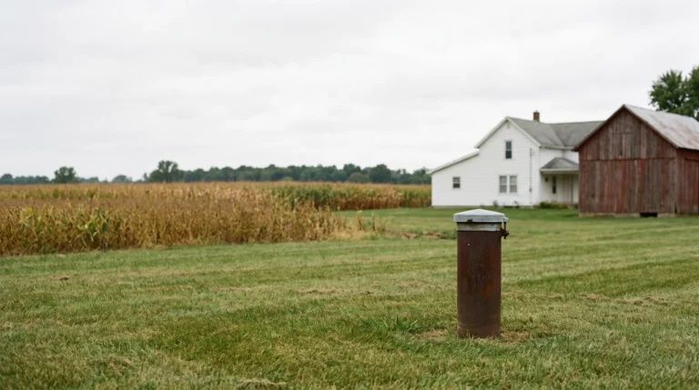 Capped well casing in a mown yard beside a white farmhouse and barn, with Ohio corn and soybean fields behind