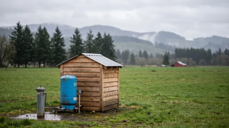 Private well with pressure tank and pump house on a Willamette Valley farm in Oregon