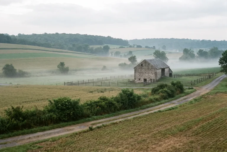 Rolling Pennsylvania farmland with a stone bank barn and split rail fence in morning mist