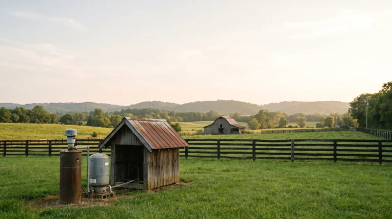 Private well with pressure tank and pump house in the Tennessee hills
