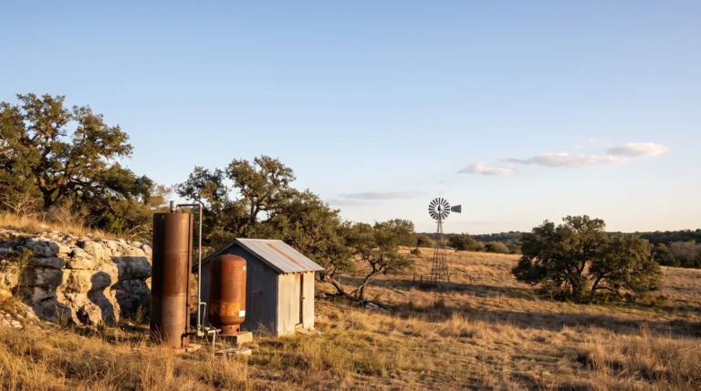 Steel well casing, pressure tank and pump house beside a limestone outcrop on a Texas Hill Country ranch, with a windmill in the distance