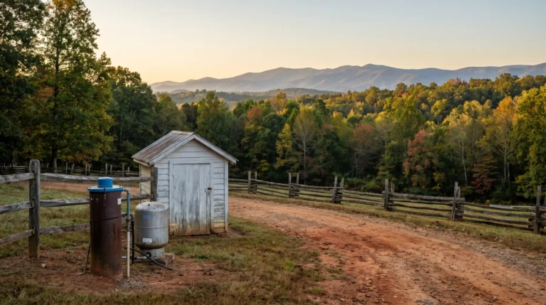 Private well and pressure tank beside a white pump house on a Virginia Piedmont farm lane with the Blue Ridge behind