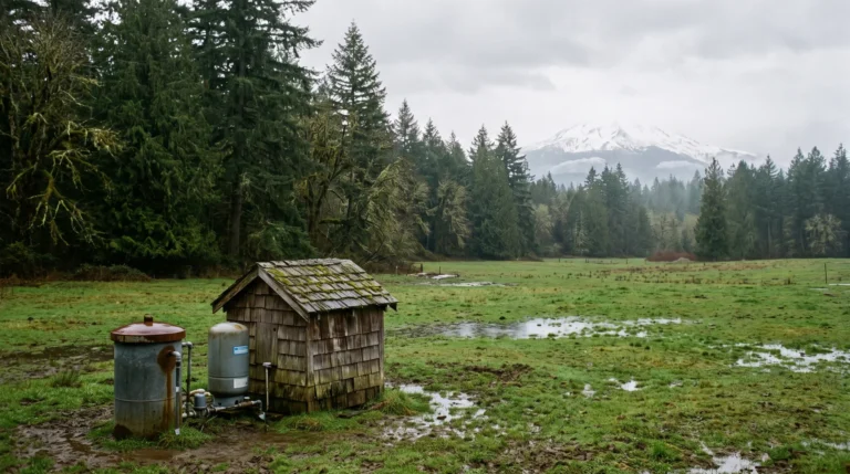 Private well and pressure tank beside a cedar pump house on a wet Washington pasture