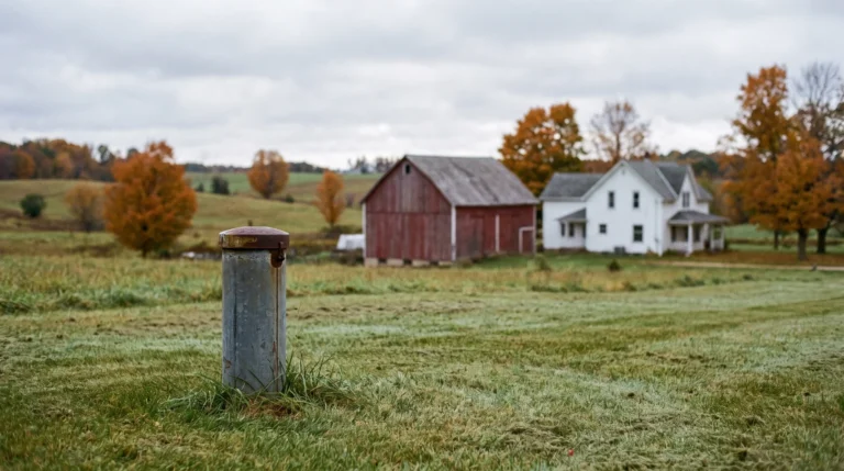 Well casing beside a red barn in Wisconsin dairy country