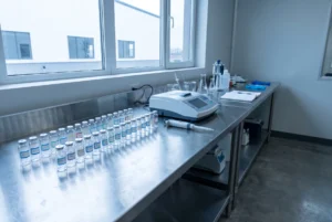 Laboratory bench with rows of labeled sample vials, a pipette and a benchtop analyzer