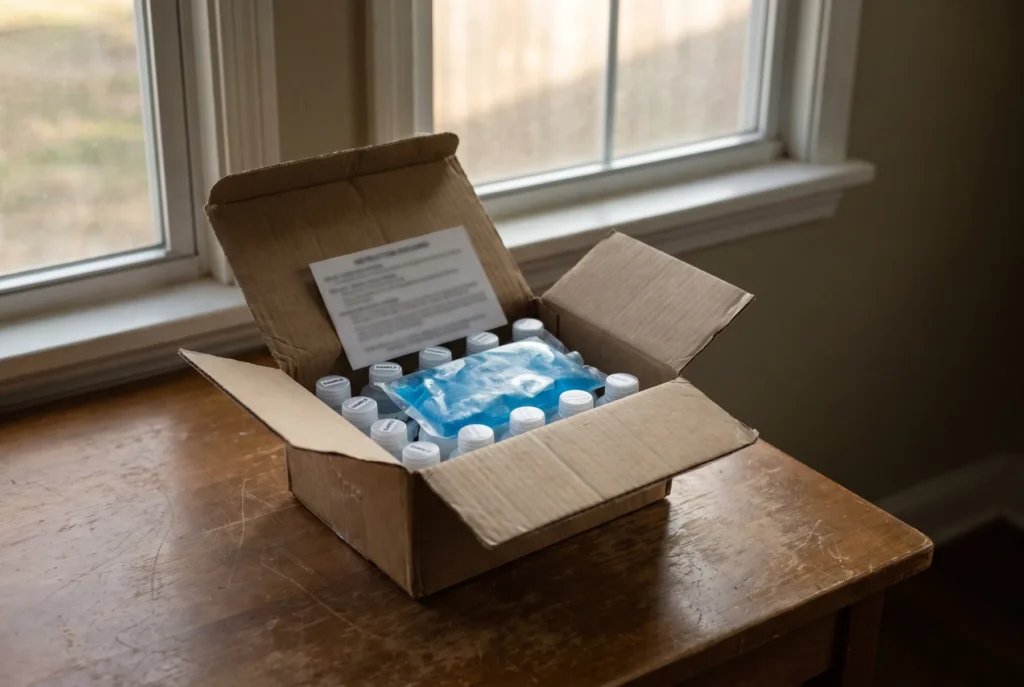 Open mail-in water test kit with sample bottles and a cold pack on a wooden table