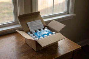 Open mail-in water test kit with sample bottles and a cold pack on a wooden table