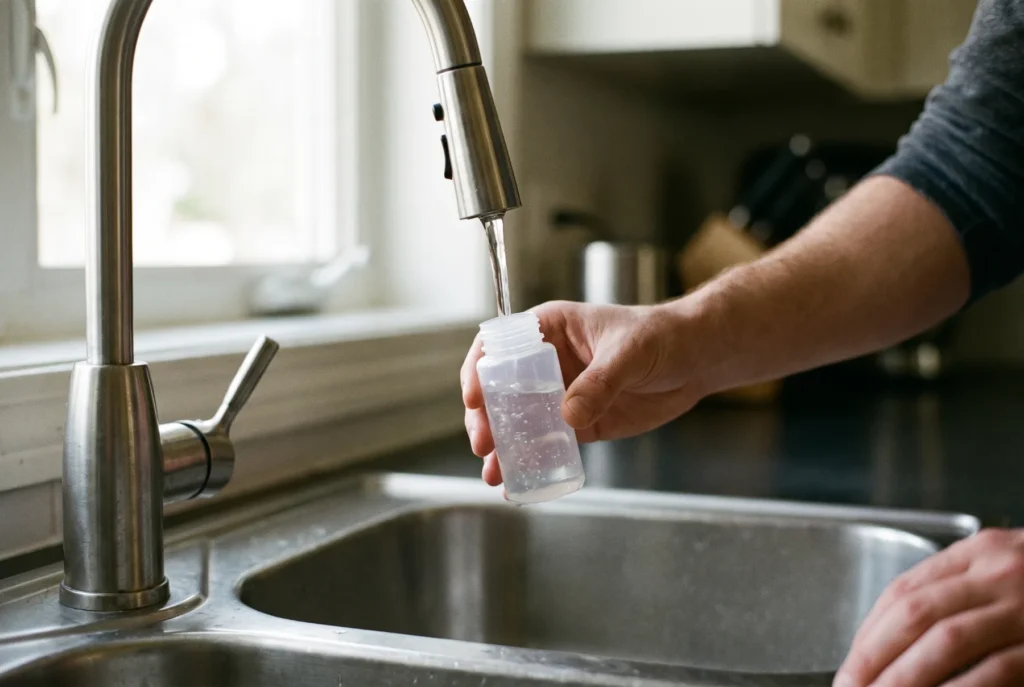 Small clear sample bottle being filled at a kitchen tap