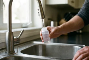 Small clear sample bottle being filled at a kitchen tap
